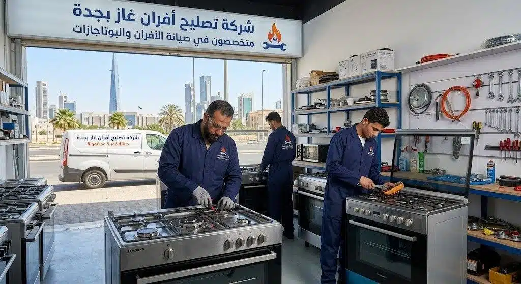 فني يصلح فرن غاز داخل مطبخ منزلي بجدة